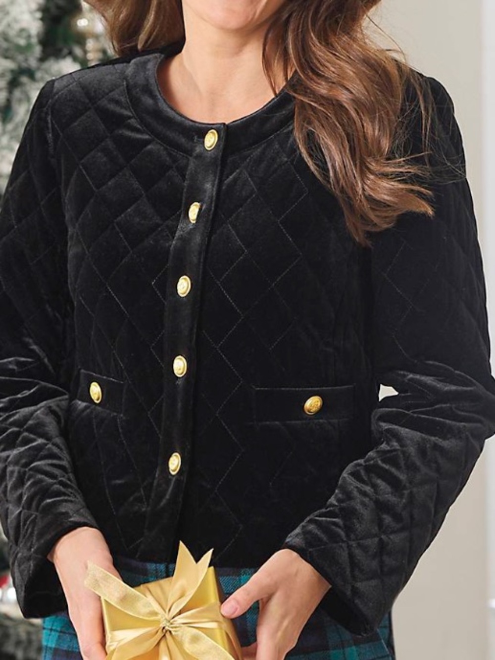 Talbots Velvet Quilted Jacket Women L P Black Lined Gold Buttons Short Holiday